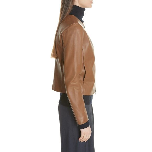 VINCE Saddle Brown Lamb Leather Zip Front Minimalist Collarless Jacket, Size S - Picture 2 of 16